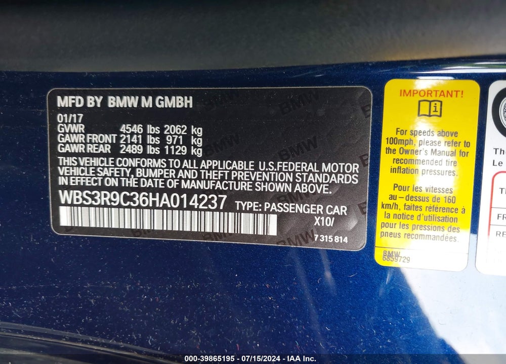 2017 BMW M4 VIN: WBS3R9C36HA014237