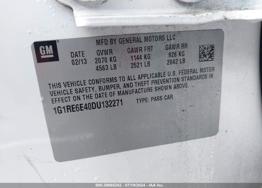 2013 CHEVROLET VOLT VIN: 1G1RE6E40DU132271
