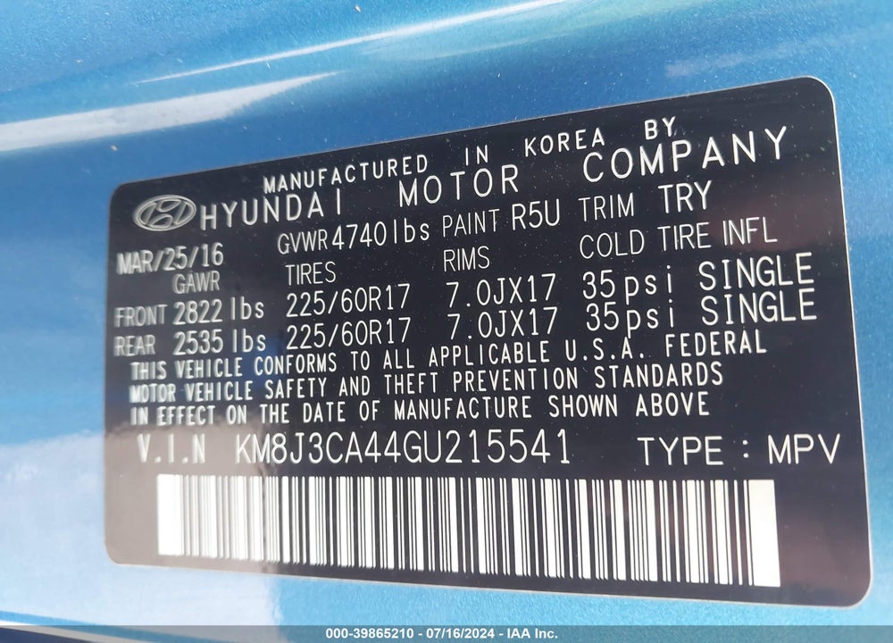 2016 HYUNDAI TUCSON SE VIN: KM8J3CA44GU215541