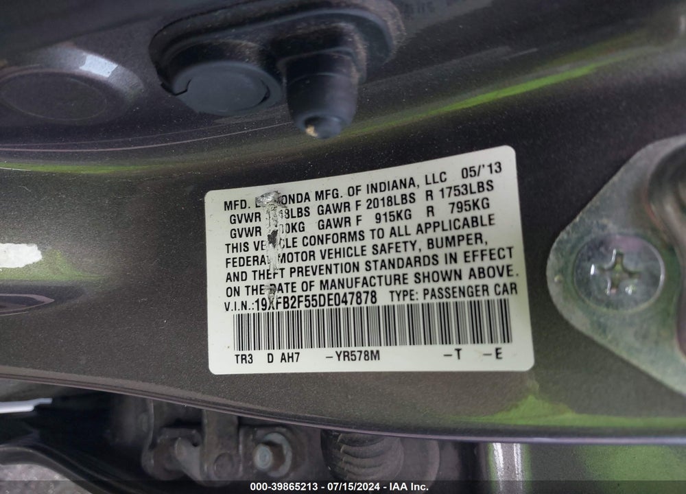 2013 HONDA CIVIC LX VIN: 19XFB2F55DE047878