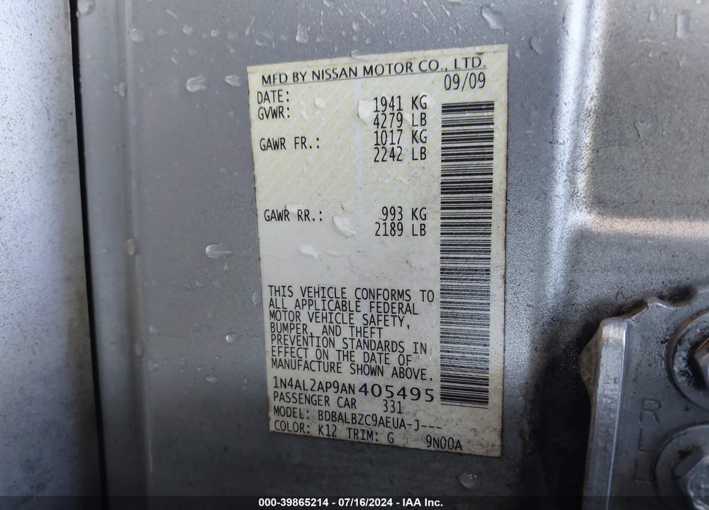 2010 NISSAN ALTIMA 2.5 S VIN: 1N4AL2AP9AN405495