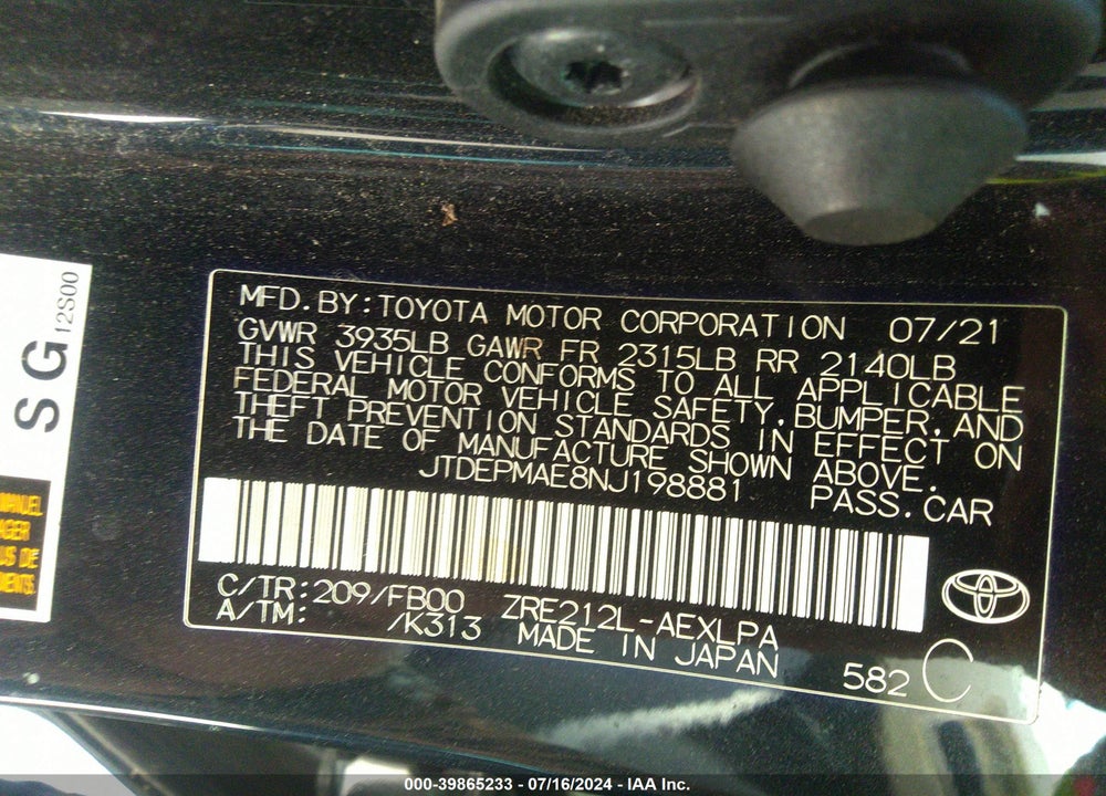 2022 TOYOTA COROLLA VIN: JTDEPMAE8NJ198881