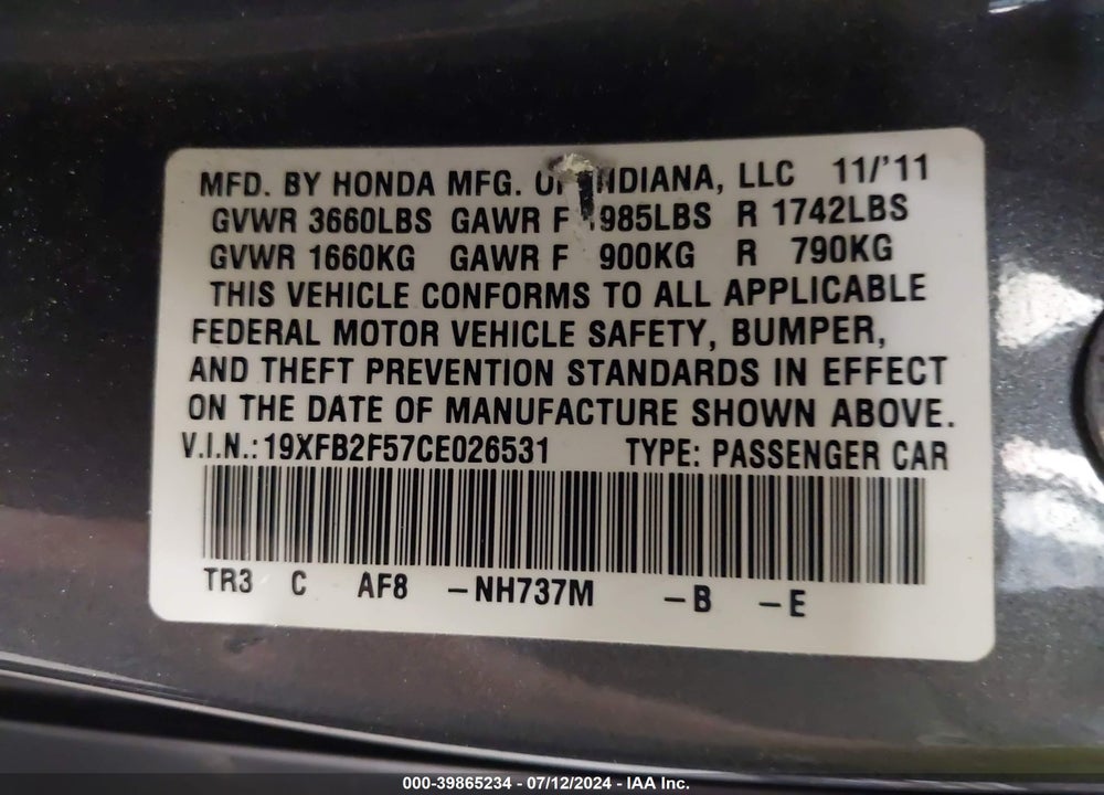2012 HONDA CIVIC LX VIN: 19XFB2F57CE026531