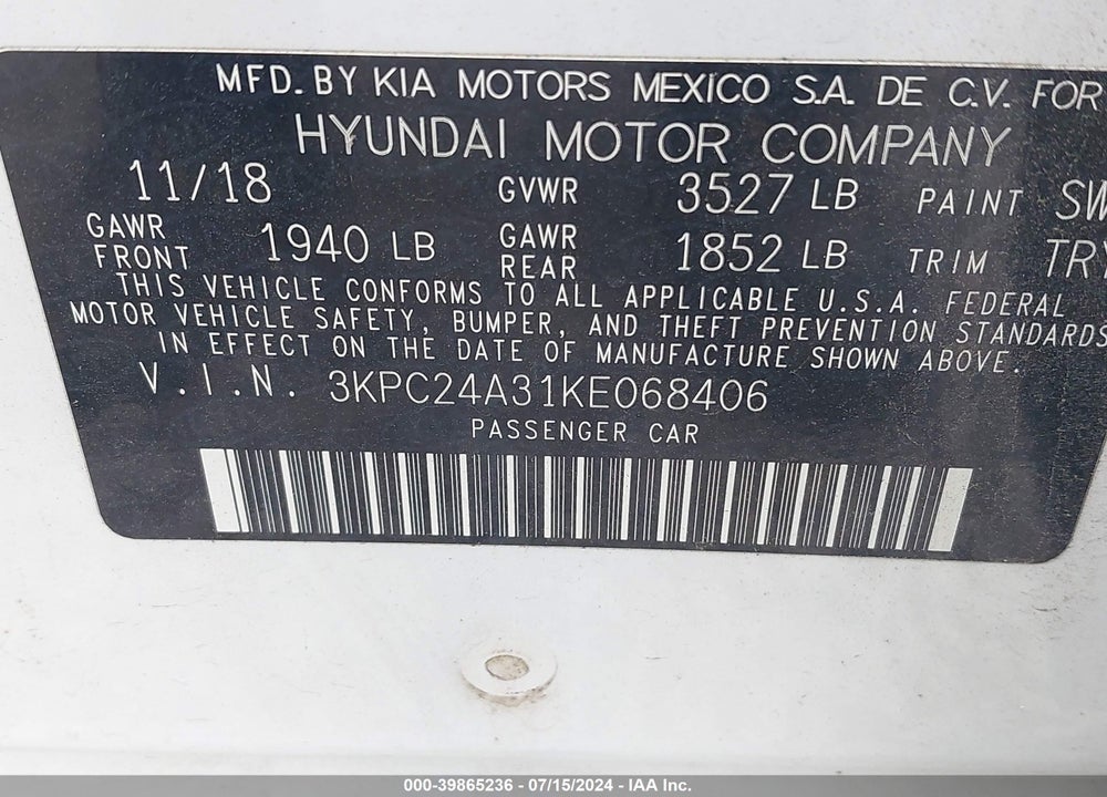 2019 HYUNDAI ACCENT SEL VIN: 3KPC24A31KE068406