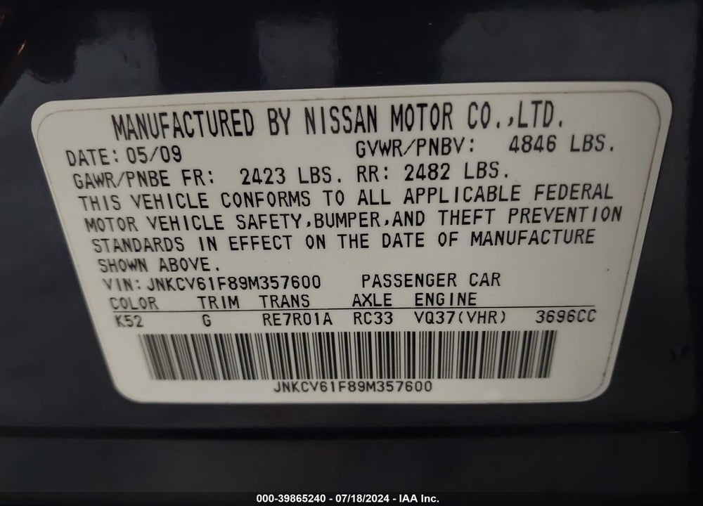 2009 INFINITI G37X VIN: JNKCV61F89M357600