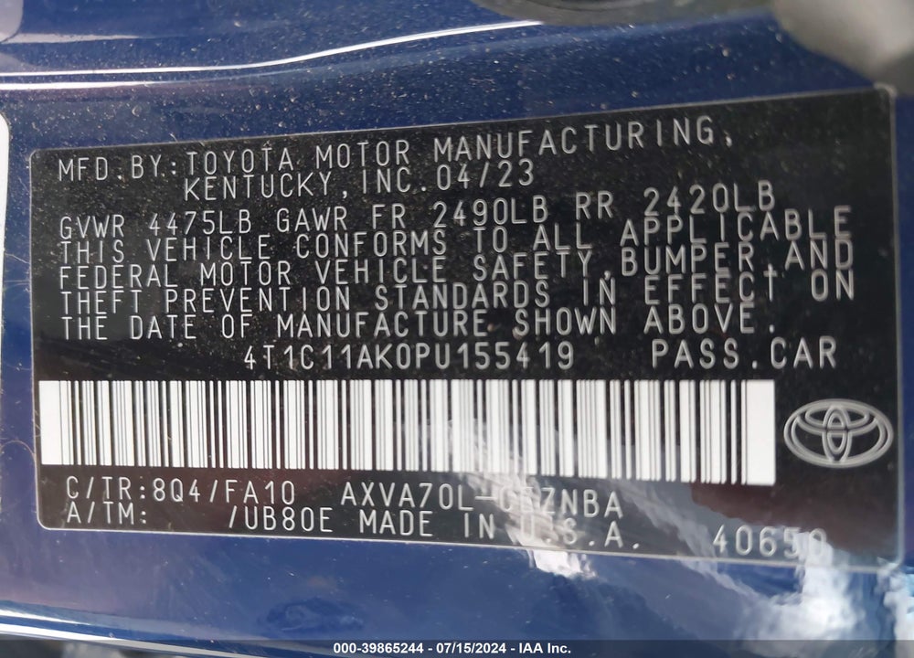 2023 TOYOTA CAMRY LE VIN: 4T1C11AK0PU155419