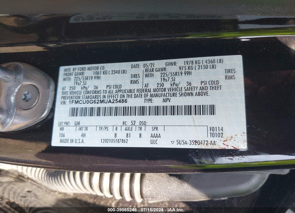 2021 FORD ESCAPE SE VIN: 1FMCU0G62MUA25486
