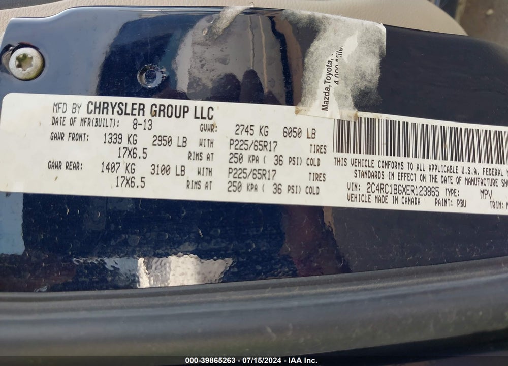 2014 CHRYSLER TOWN & COUNTRY TOURING VIN: 2C4RC1BGXER123865