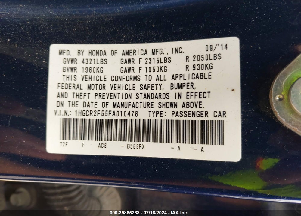 2015 HONDA ACCORD SPORT VIN: 1HGCR2F55FA010478