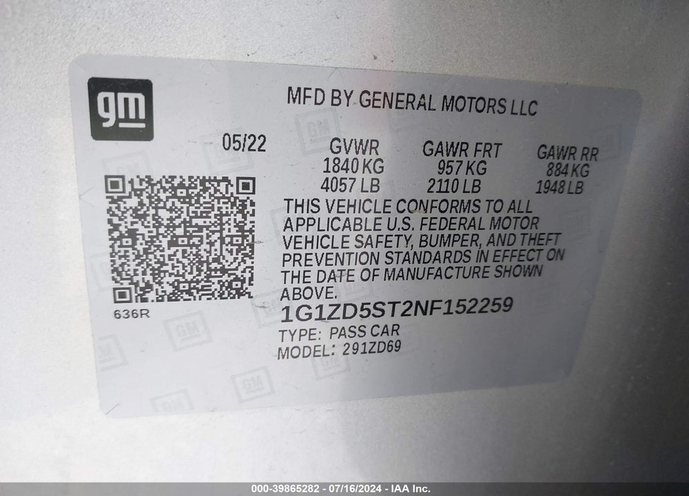 2022 CHEVROLET MALIBU FWD LT VIN: 1G1ZD5ST2NF152259