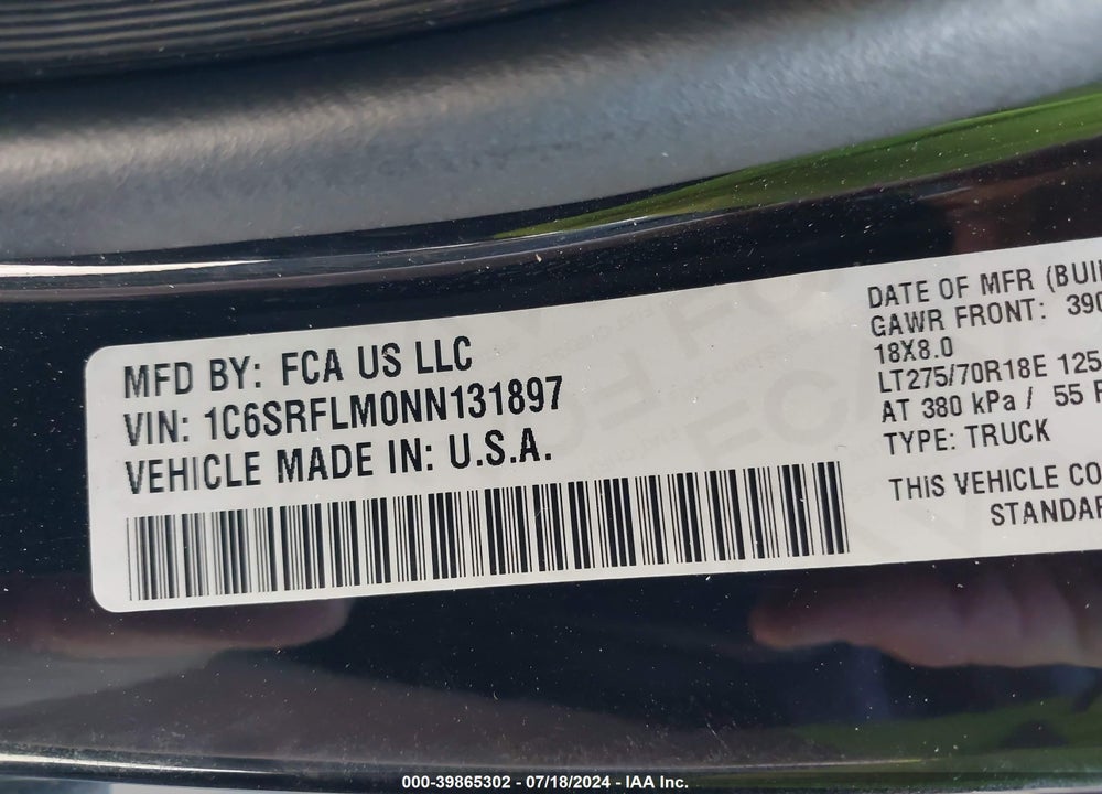 2022 RAM 1500 REBEL 4X4 5'7 BOX VIN: 1C6SRFLM0NN131897