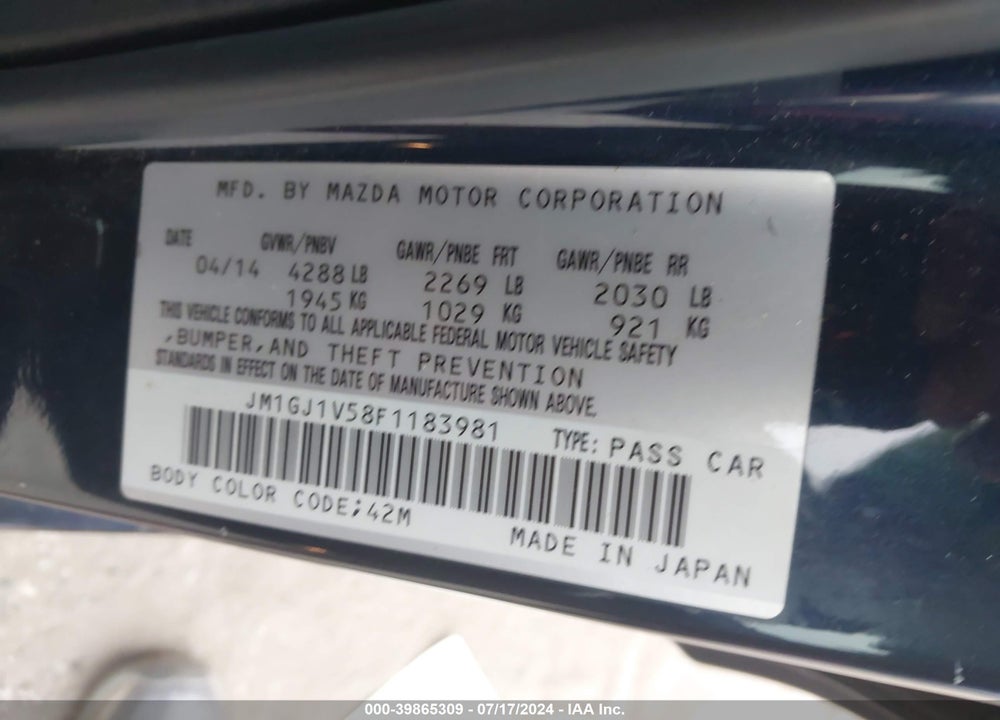 2015 MAZDA 6 I TOURING VIN: JM1GJ1V58F1183981