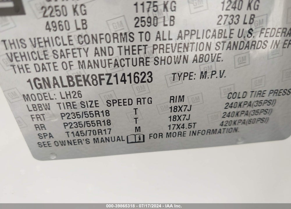 2015 CHEVROLET EQUINOX 1LT VIN: 1GNALBEK8FZ141623
