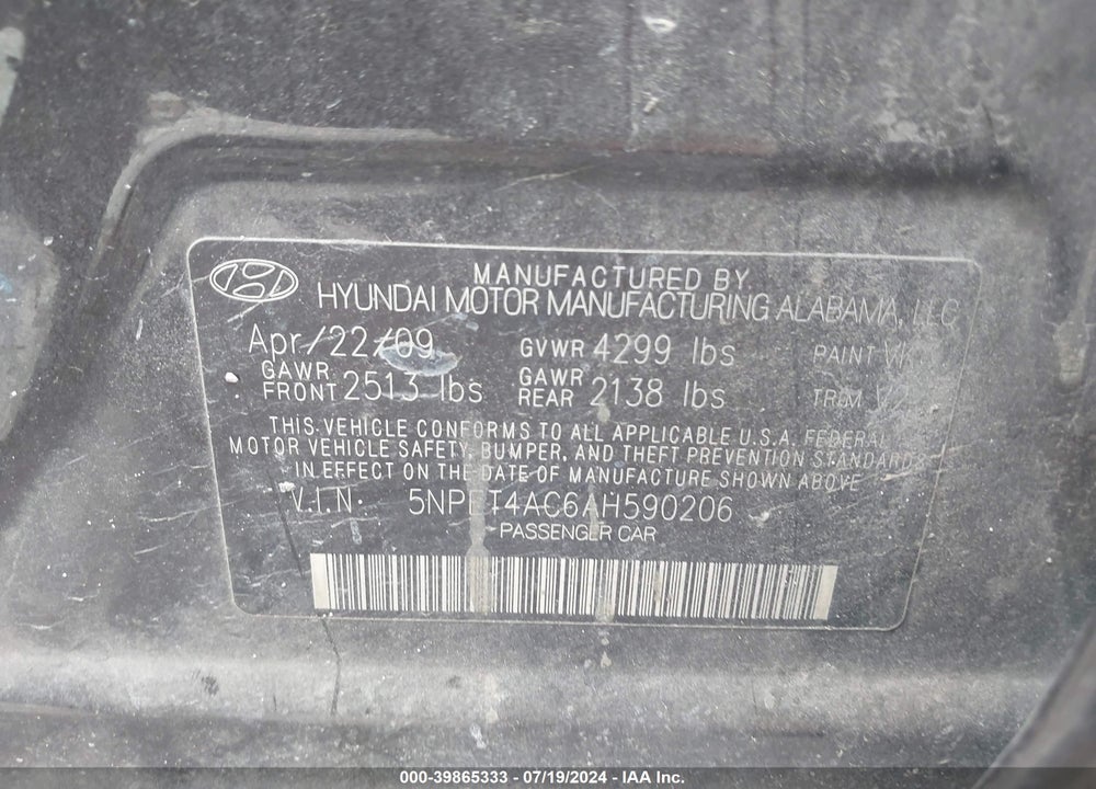 2010 HYUNDAI SONATA GLS VIN: 5NPET4AC6AH590206