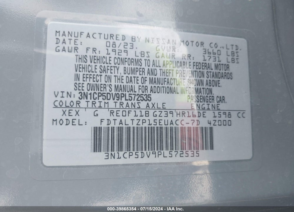 2023 NISSAN KICKS SR XTRONIC CVT VIN: 3N1CP5DV9PL572535