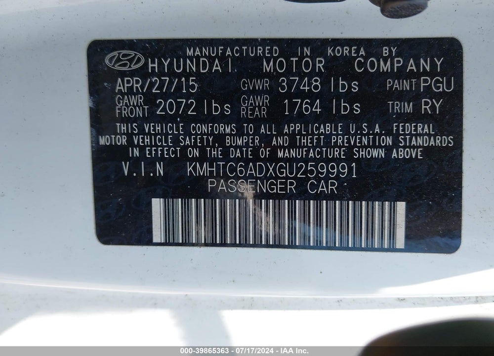 2016 HYUNDAI VELOSTER VIN: KMHTC6ADXGU259991