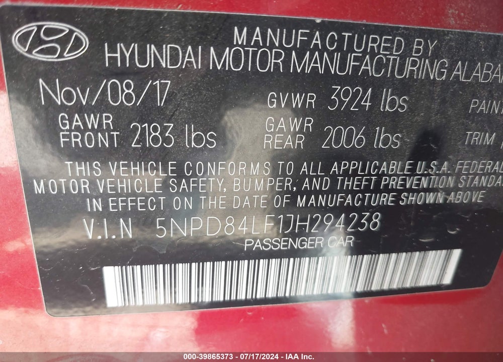 2018 HYUNDAI ELANTRA SEL VIN: 5NPD84LF1JH294238