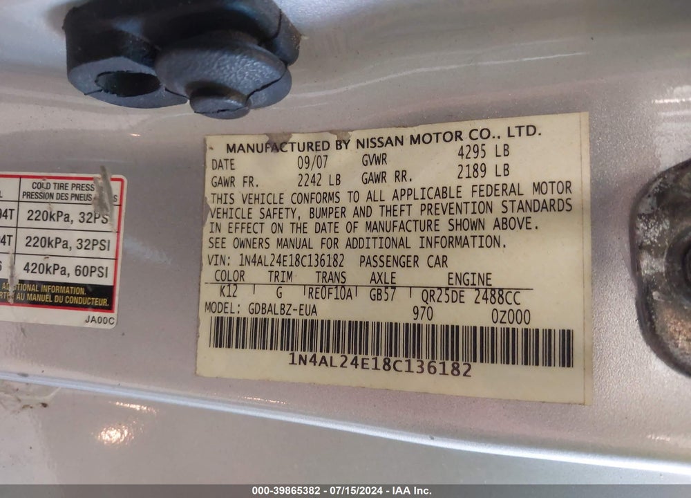 2008 NISSAN ALTIMA 2.5 S VIN: 1N4AL24E18C136182