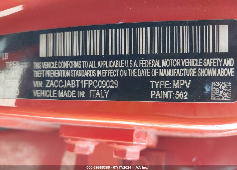 2015 JEEP RENEGADE LATITUDE VIN: ZACCJABT1FPC09029