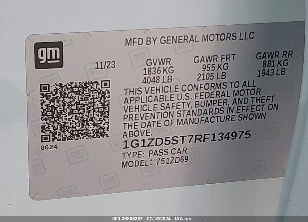 2024 CHEVROLET MALIBU LT VIN: 1G1ZD5ST7RF134975