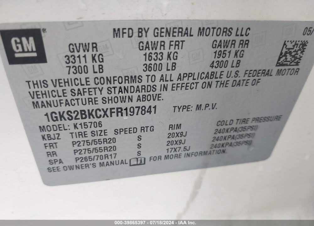 2015 GMC YUKON SLT VIN: 1GKS2BKCXFR197841