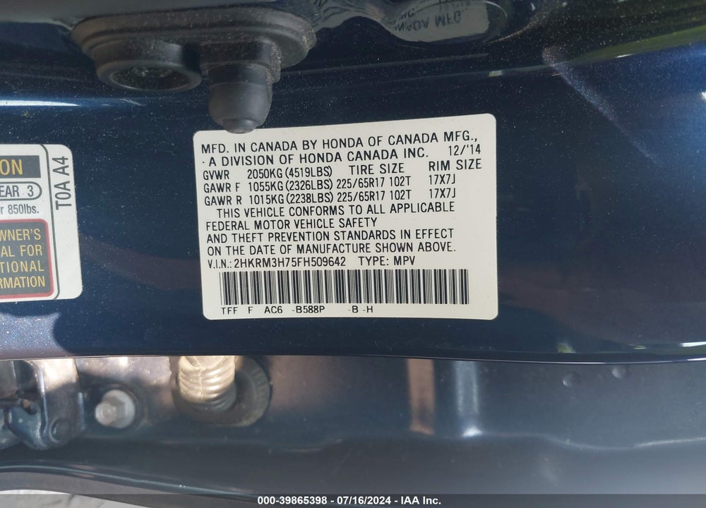 2015 HONDA CR-V EX-L VIN: 2HKRM3H75FH509642
