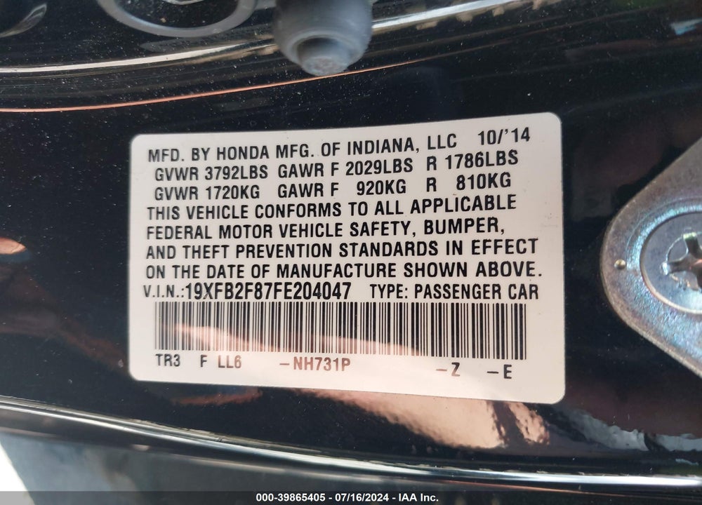 2015 HONDA CIVIC EX VIN: 19XFB2F87FE204047