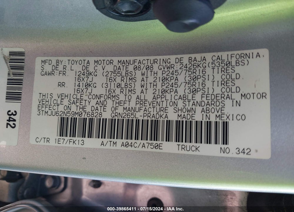 2009 TOYOTA TACOMA PRERUNNER V6 VIN: 3TMJU62N59M076828