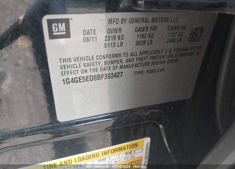 2011 BUICK LACROSSE CXS VIN: 1G4GE5ED8BF393427