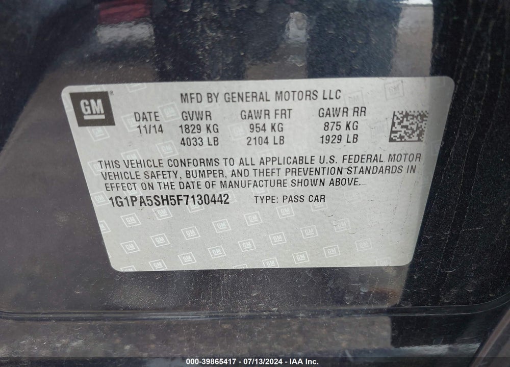2015 CHEVROLET CRUZE LS AUTO VIN: 1G1PA5SH5F7130442