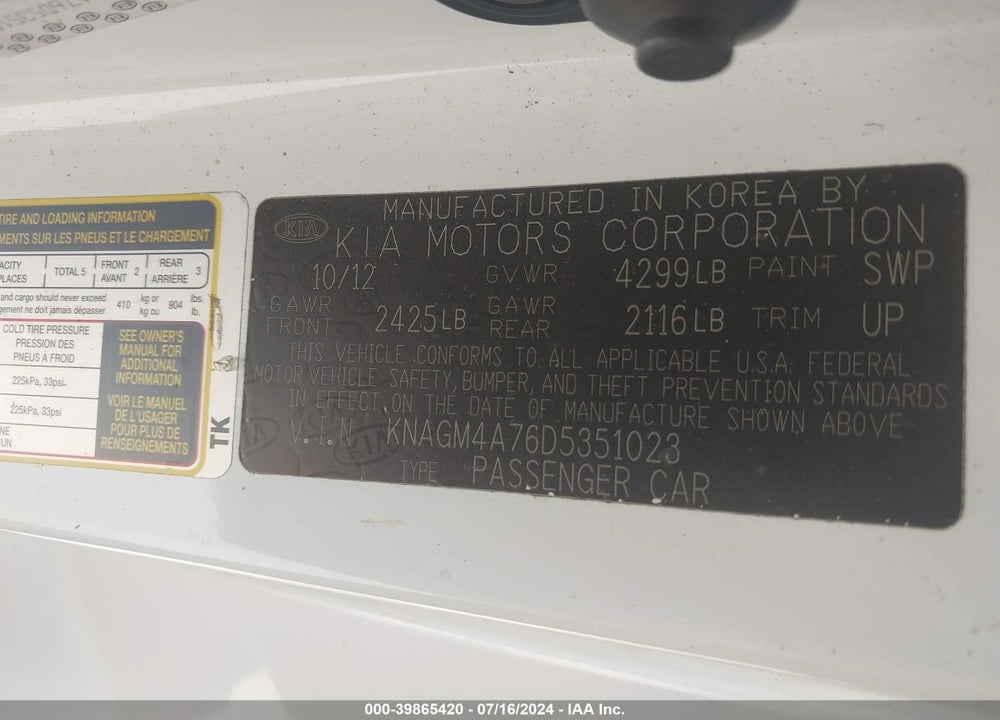 2013 KIA OPTIMA LX VIN: KNAGM4A76D5351023