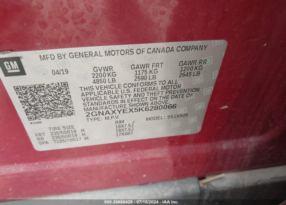 2019 CHEVROLET EQUINOX PREMIER VIN: 2GNAXYEX5K6280066