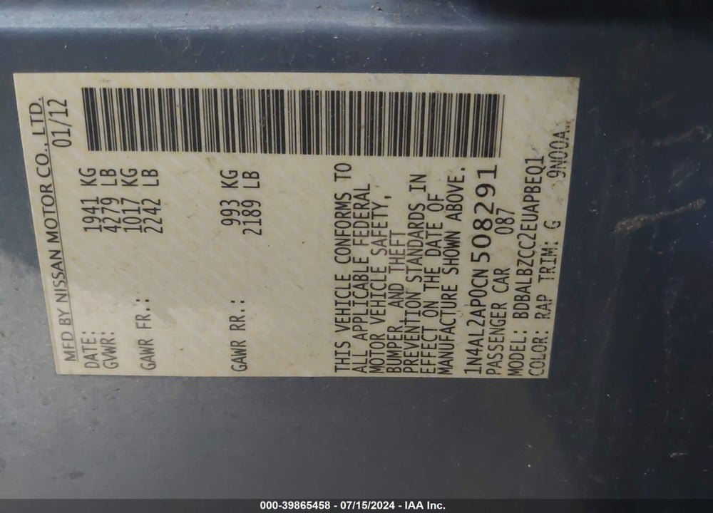 2012 NISSAN ALTIMA 2.5 S VIN: 1N4AL2AP0CN508291