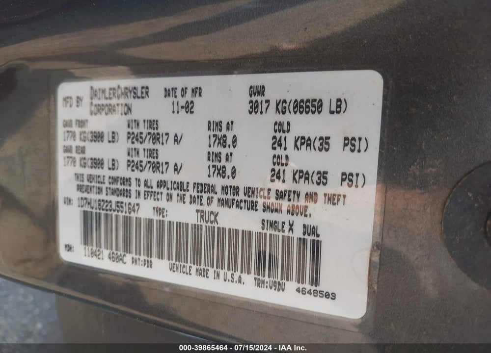 2003 DODGE RAM 1500 SLT/LARAMIE/ST VIN: 1D7HU18Z23J551647
