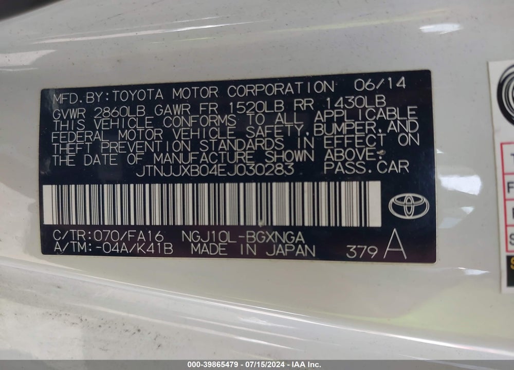 2014 SCION IQ VIN: JTNJJXB04EJ030283