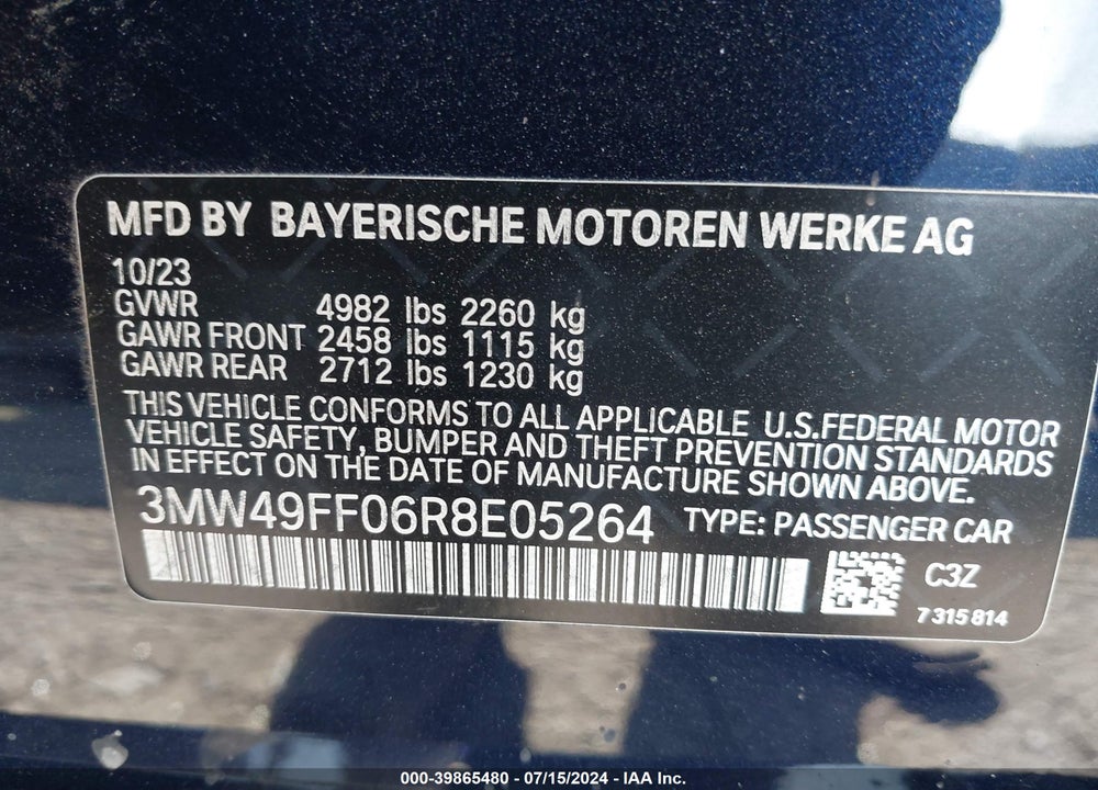 2024 BMW 3 SERIES M340I XDRIVE VIN: 3MW49FF06R8E05264