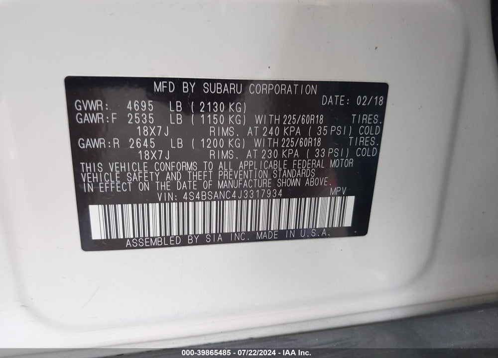 2018 SUBARU OUTBACK 2.5I LIMITED VIN: 4S4BSANC4J3317934