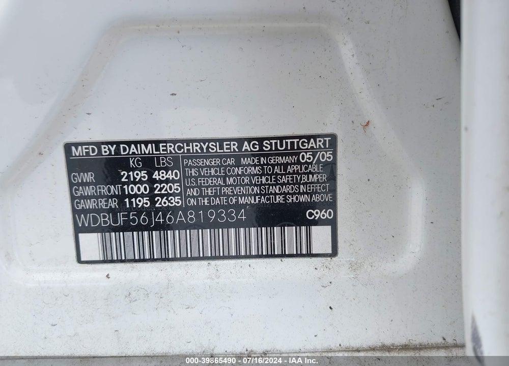 2006 MERCEDES-BENZ E 350 VIN: WDBUF56J46A819334
