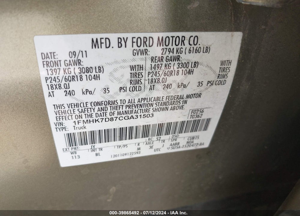 2012 FORD EXPLORER XLT VIN: 1FMHK7D87CGA31503