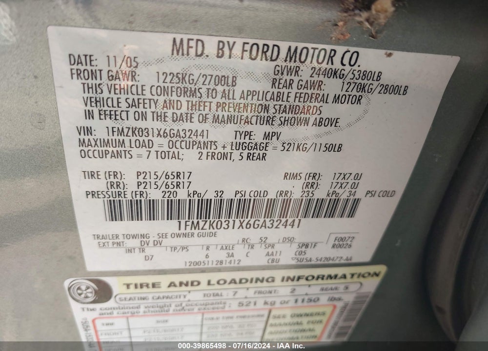 2006 FORD FREESTYLE LIMITED VIN: 1FMZK031X6GA32441