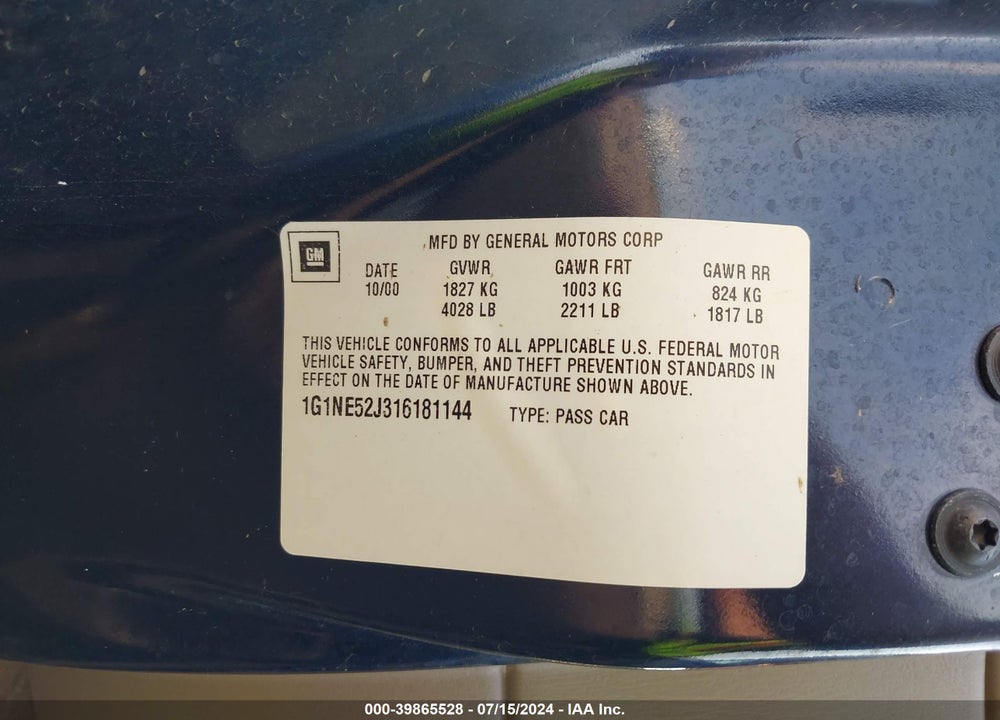 2001 CHEVROLET MALIBU LS VIN: 1G1NE52J316181144