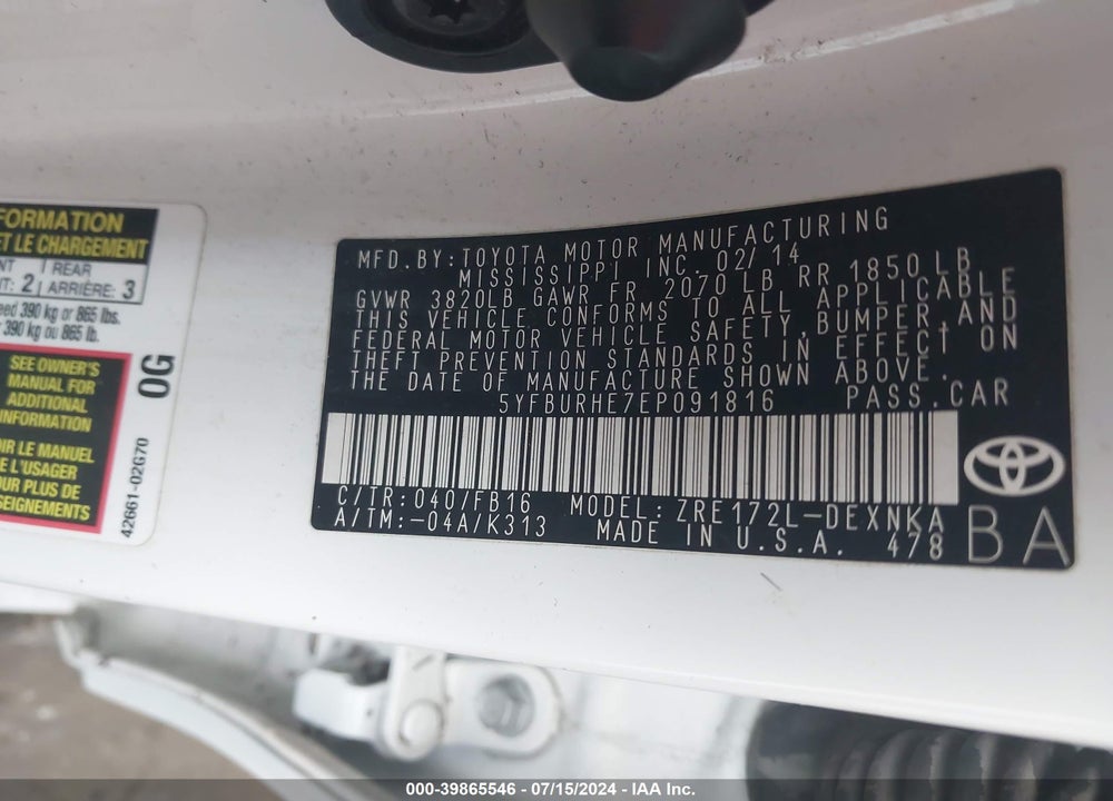 2014 TOYOTA COROLLA LE VIN: 5YFBURHE7EP091816