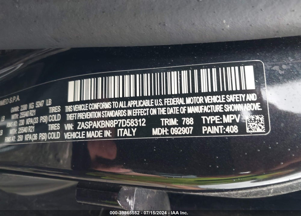 2023 ALFA ROMEO STELVIO ESTREMA AWD VIN: ZASPAKBN8P7D58312