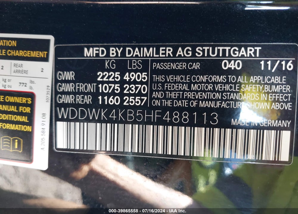 2017 MERCEDES-BENZ C 300 4MATIC VIN: WDDWK4KB5HF488113