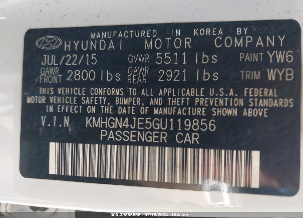 2016 HYUNDAI GENESIS 3.8 VIN: KMHGN4JE5GU119856