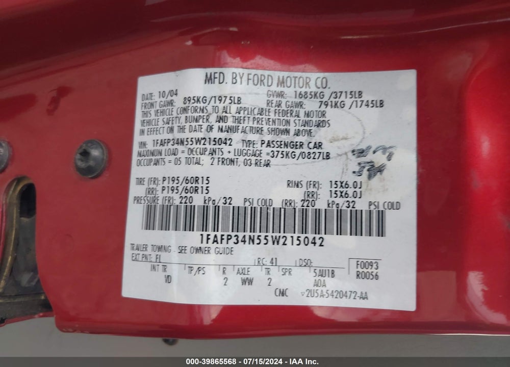 2005 FORD FOCUS ZX4 VIN: 1FAFP34N55W215042