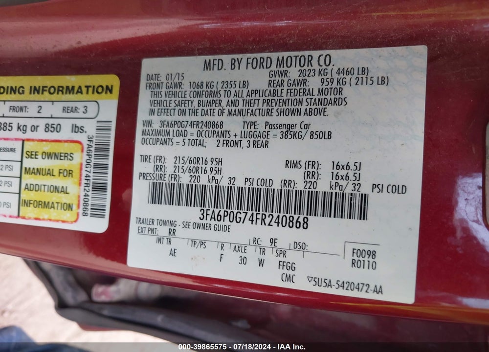 2015 FORD FUSION VIN: 3FA6P0G74FR240868