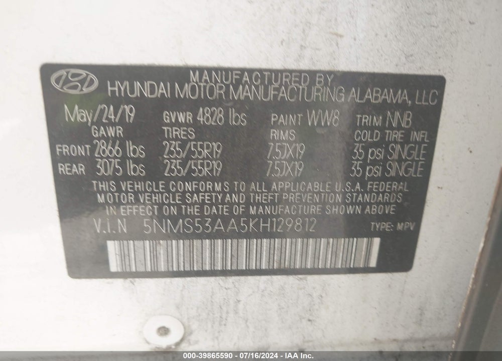 2019 HYUNDAI SANTA FE ULTIMATE 2.0T VIN: 5NMS53AA5KH129812