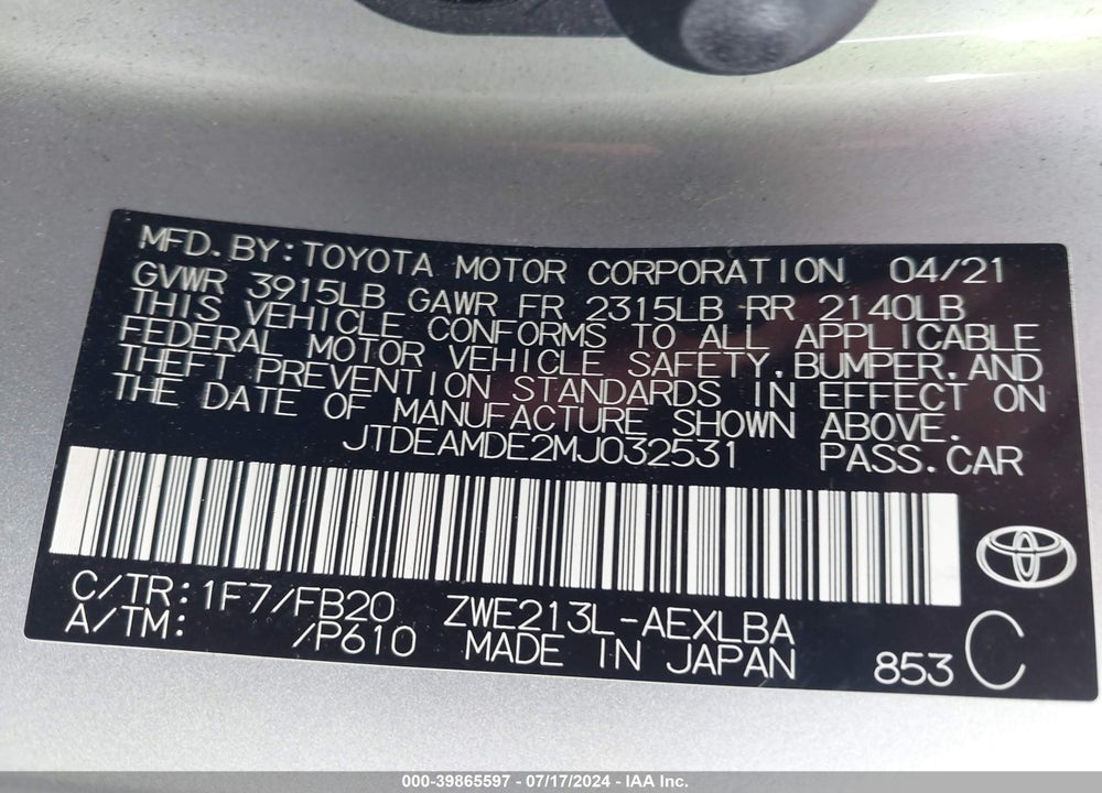 2021 TOYOTA COROLLA HYBRID LE VIN: JTDEAMDE2MJ032531