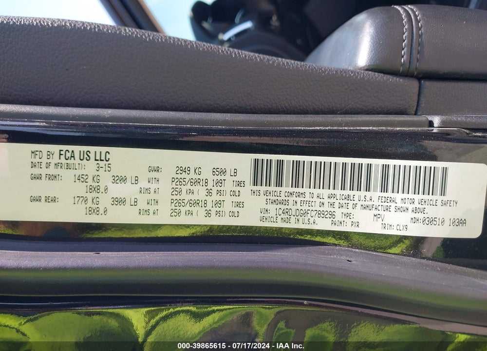2015 DODGE DURANGO LIMITED VIN: 1C4RDJDG0FC789296